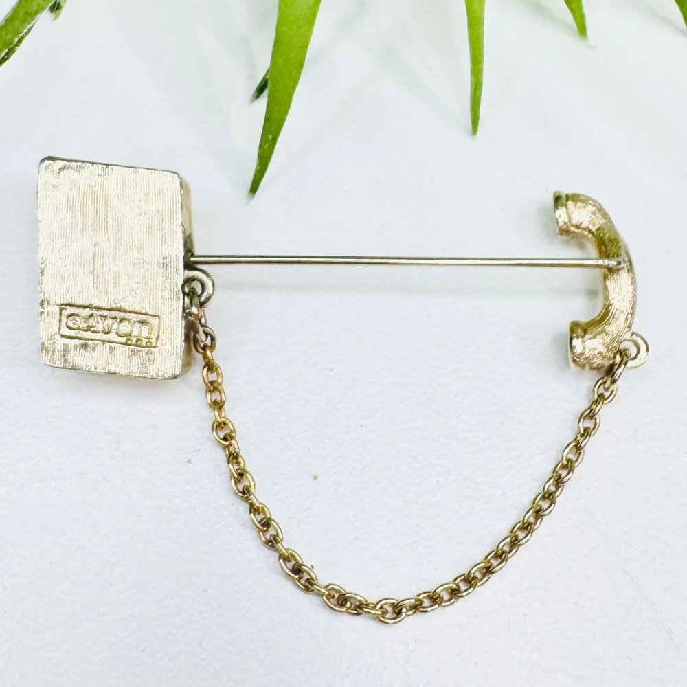 Vintage 70s Avon Rotary Telephone Chatelaine Dangle Cord Gold Tone Brooch